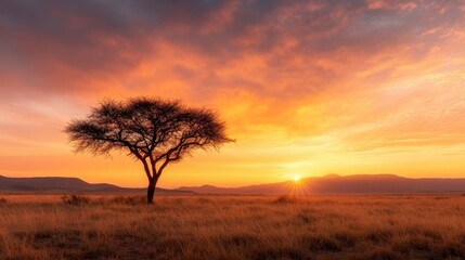 A breathtaking landscape featuring a solitary tree against a vibrant sunset backdrop, showcasing nature's beauty and tranquility in the African wilderness at dusk.