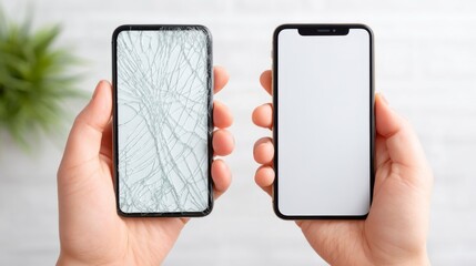 Hands present two smartphones, one with a broken screen and one fully functional, representing the need for repair in a bright space