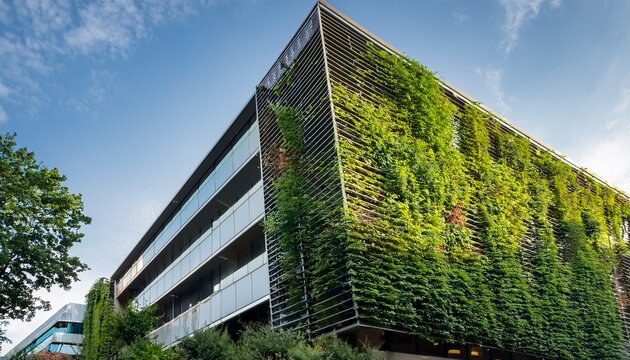medium shot of a modern building exterior with lush green vines climbing a stylish trellis creating a vibrant vegetated facade that blends architecture with nature