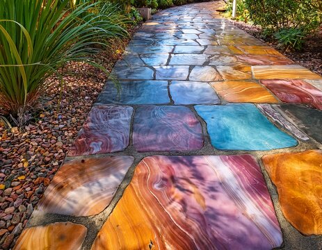 closeup medium shot capturing the vibrant stained concrete path with natural color variations and smooth texture enhancing outdoor decor