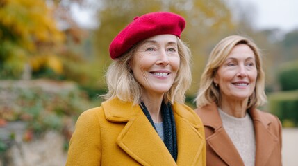 Senior woman in a red beret walks arm-in-arm with her daughter in a mustard coat through a park with autumn leaves and soft sunlight