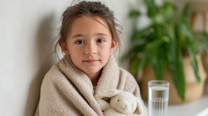 Child around six years old sits on a bed wrapped in a blanket holding a plush toy. A glass of water and medicine sits on the table