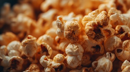 Macro shot captures popcorn pieces with delicate textures and buttery color in soft light, creating an appetizing look and feel