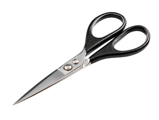 Obraz premium Close-up shot of a pair of scissors. The scissors have black handles and a silver blade Isolated Transparent Background, PNG