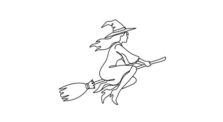 Fototapeta premium A classic black and white line drawing of a beautiful witch with long flowing hair riding a broomstick through the night sky