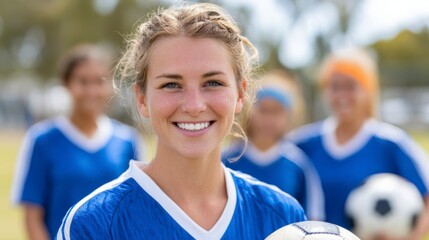 Girl in blue soccer uniform holds a ball and smiles confidently in sunny field with teammates behind her during a sports activity