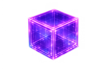 Glowing neon cube with geometric lines and blue purple light particles inside, representing digital data and technology, transparent background
