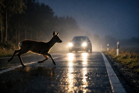 Roe deer running across wet countryside road at night as approaching car headlights illuminate misty forest landscape, highlighting wildlife road safety risk.