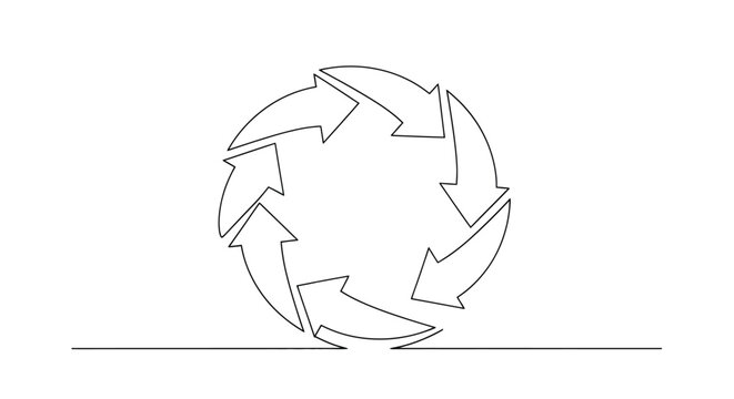 Continuous line drawing of the universal recycling symbol formed by three chasing arrows in a circular motion on a white background