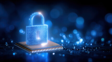 Secure digital padlock hologram on microchip symbolizing data protection and cybersecurity in technology industry