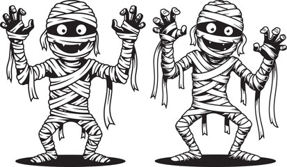 Two cartoon mummies with bandages, smiling and reaching out, black and white vector illustration for Halloween.