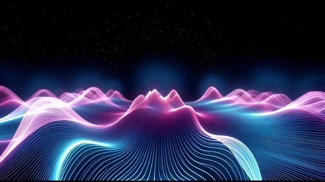 Digital Landscape: A vibrant digital rendering showcases a mesmerizing landscape of undulating neon waves, the peaks and troughs glowing with an ethereal light and forming abstract contours.