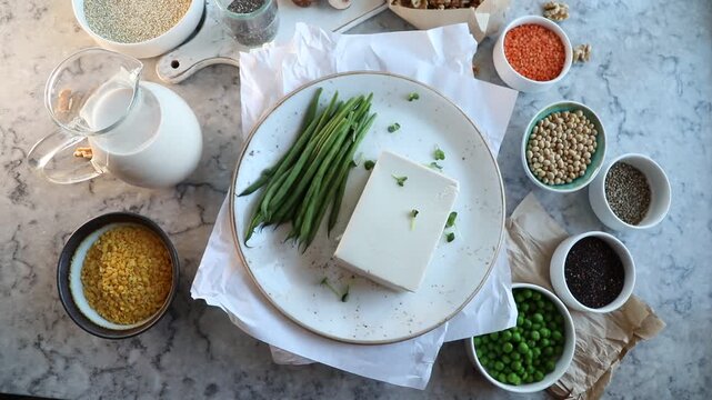 Vegan protein foods. Rotate, top view
