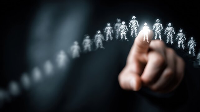 Hand points to a glowing human icon among many; highlighting selection or leadership