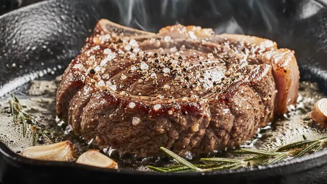 Thick cut of seasoned beef steak searing in hot oiled cast iron skillet with garlic and herbs