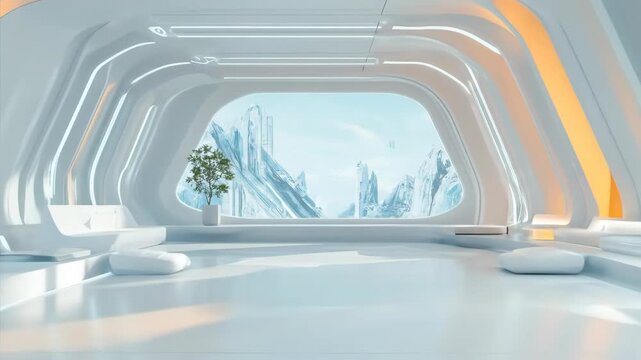 Futuristic interior space with panoramic window to icy mountains. Modern architectural design with digital display. Sci-fi living concept.