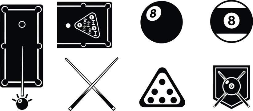 Billiards, pool, or snooker with table with pockets and  eight-ball pool vector icons illustration.  