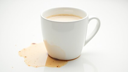 a white cup of coffee on a white table with coffee drops