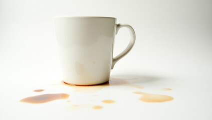 a white cup of coffee on a white table with coffee drops