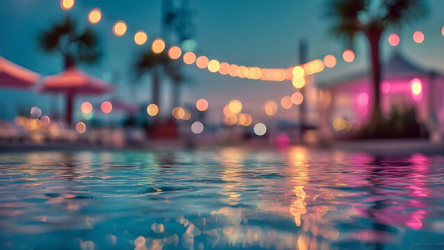 Pool party water sunset view. Lively beach, poolside party. Tropical beach club resort sunset pool party scene. Evening outdoor party, beach party at night tropical poolside silhouette. 