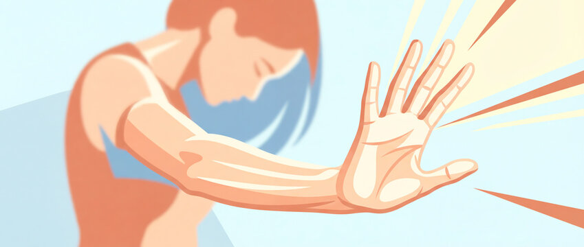 A woman's outstretched hand illustrating a self-defense situation. Stop violence against women. International Women's Day