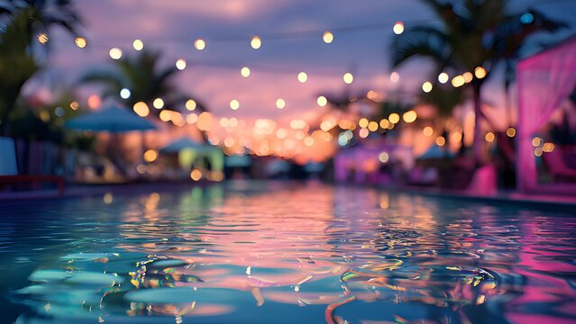 Pool party water sunset view. Lively beach, poolside party. Tropical beach club resort sunset pool party scene. Evening outdoor party, beach party at night tropical poolside silhouette. 