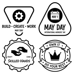 Obraz premium Happy Labour Day silhouettes featuring drone operator delivery worker and remote pilot in black and white