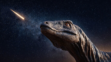 Fototapeta premium A Platyosaurus dinosaur looks up at the night sky as a bright meteorite falls down, creating a stunning scene filled with detail and light