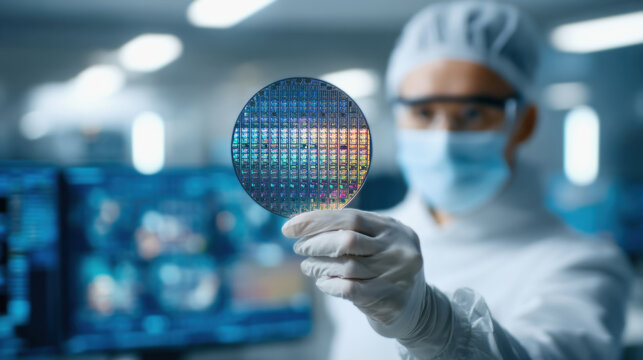 Semiconductor wafer held by gloved scientist in cleanroom, reflective circuit pattern and laboratory equipment in background
