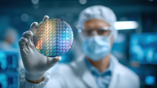 Cleanroom engineer holding silicon wafer with colorful microchip pattern, scientist wearing glove mask and hairnet analyzing semiconductor wafer