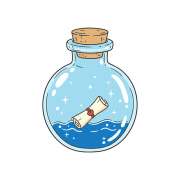Romantic Message in a Bottle Illustration with Blue Water and Heart Seal Scroll Floating Inside Clear Glass Jar Isolated on White Background