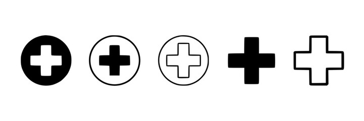 Obraz premium A row of five different black and white plus sign vector icons on a plain white background, showing variations of encircled and standalone designs.