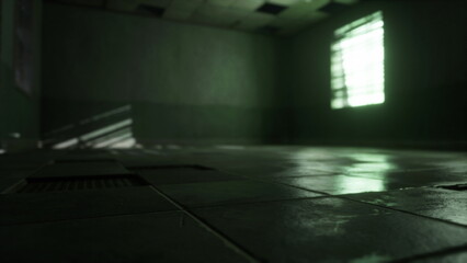 Shadows play across a dark room, where a soft green light filters through a small window. The floor reflects the dim glow, creating an eerie yet captivating atmosphere.