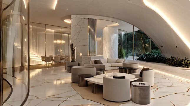 A serene and modern luxury interior with a stunning ocean view in a video showcasing a unique architectural design