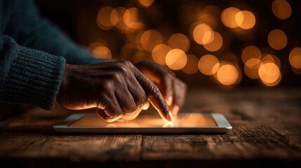 Dark-skinned hands tap a glowing tablet on a rustic wooden table with bokeh lights