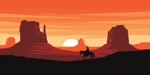 A silhouette of a woman and a horse stands against the orange sky during a Monument Valley sunset, capturing a sense of freedom within the vast desert landscape and mountain clouds at evening © Munaroh