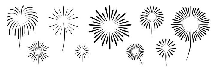 Fototapeta premium A collection of stylized black line art fireworks and dandelion puffball graphics on a plain white background, arranged horizontally across the bottom.