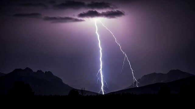 Forked lightning strikes illuminate mountain landscape at night.