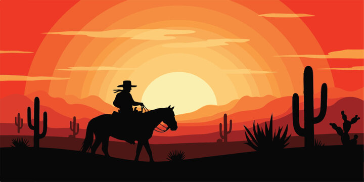 A silhouette of a wild cowboy riding a horse across a desert landscape under a western sunset sky with nature and animal vectors