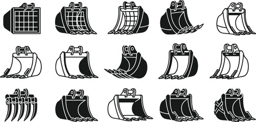 Excavator bucket attachment icon set showing various heavy construction equipment digging tools in black and white vector style © Shadona stock