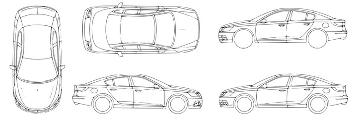 Fototapeta premium Blueprint illustration of a mid‑size sedan's engine compartment, showing labeled pistons, valves, and fuel system in schematic detail.