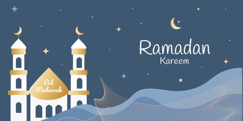 Ramadan Kareem banner. Islamic celebration card for web design. Mosque, moon, star, text. Vector illustration
