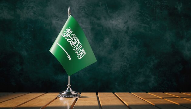 Saudi Arabian table flag with green field, white Arabic script and sword, mounted on decorative stand atop wooden surface, set against dark green textured background.