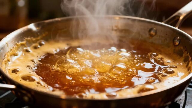 Medium shot of an open hard candy cooking kettle with visible steam rising capturing the dynamic boiling process and the intricate details of syrup consistency.