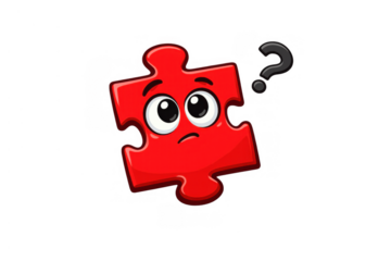Red puzzle piece character asking question, showing confusion and problem-solving challenge with transparent background