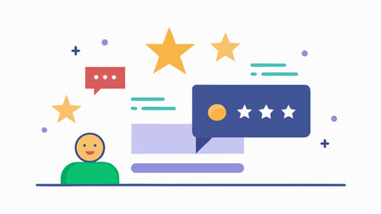 Obraz premium Illustration of a smiling character with green shirt, surrounded by stars and speech bubbles, representing customer feedback and online reviews in a digital context