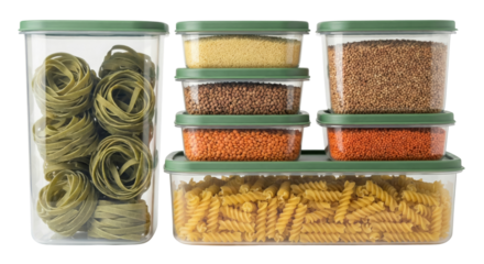Kitchen food storage containers with pasta, lentils, and grains on white background