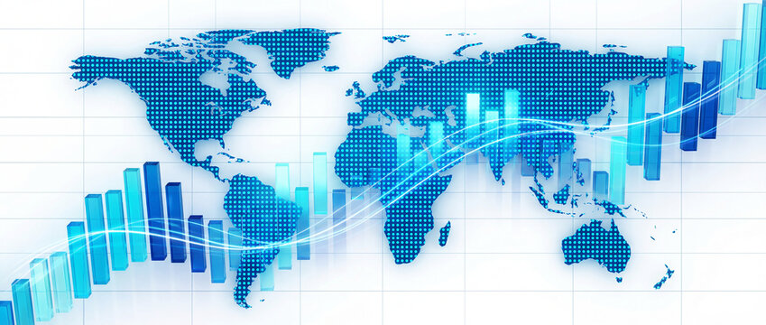 Bar chart on a planisphere background. Financial analysis and market insights worldwide