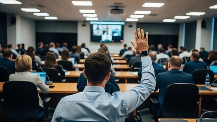 Businessman actively participating in corporate training session