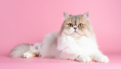 Fototapeta premium Persian cat with long fluffy coat lying on white paws against solid pink background, flat face and intense gaze.